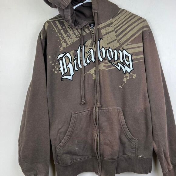 Vintage Brown Y2K Billabong Lined Zip Up Embroidered Logo Hoodie Size L - Picture 2 of 8